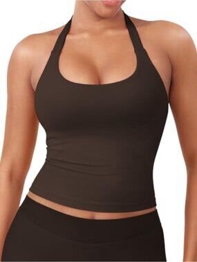 Women's Halter Tank Top, Built-in Bra, Backless Longline Crop Top, Nylon Blend,